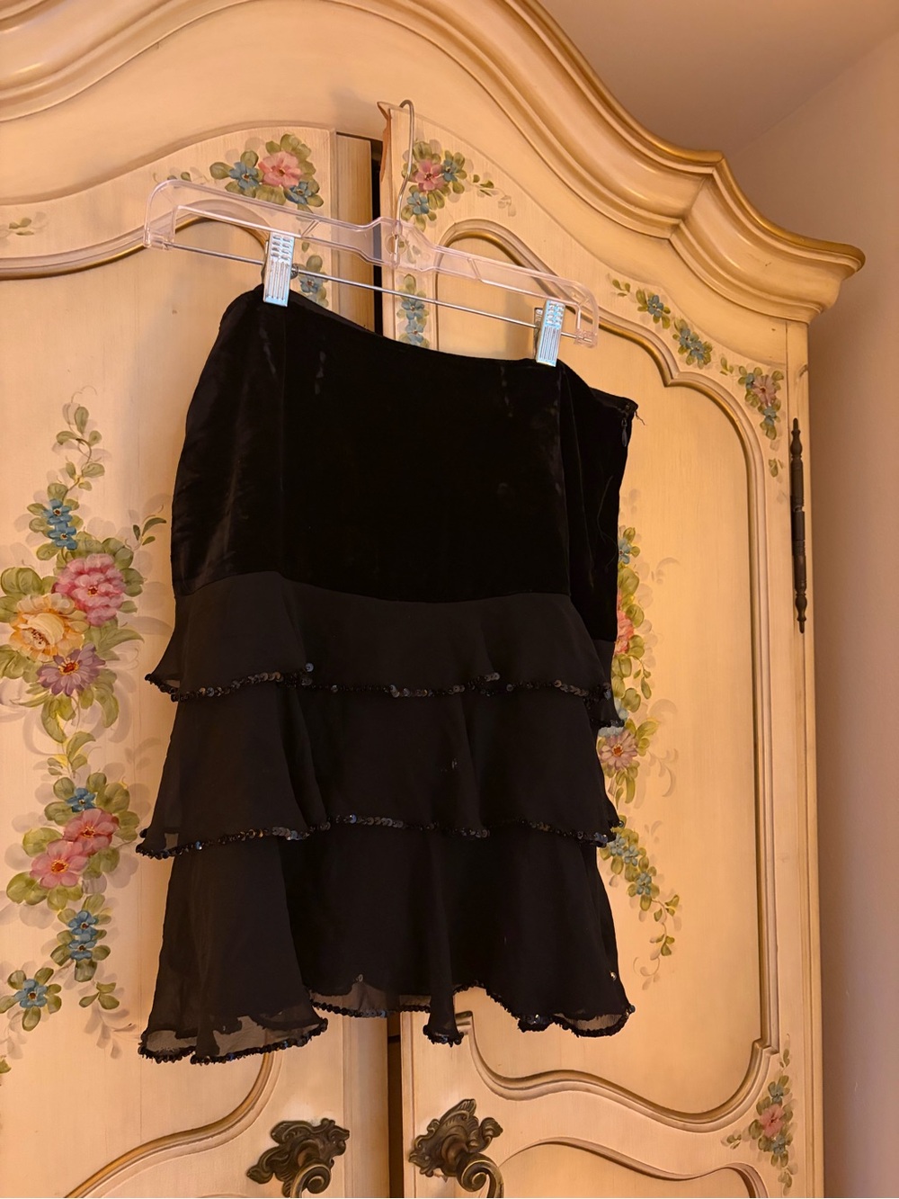 Black Silk Sheer Tiered Chiffon & Velvet Women's Skirt